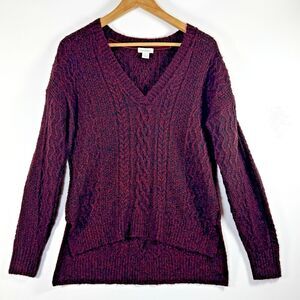 Sundance Womens Small Cable Knit Sweater Burgundy Red V Neck Cotton Blend Boho